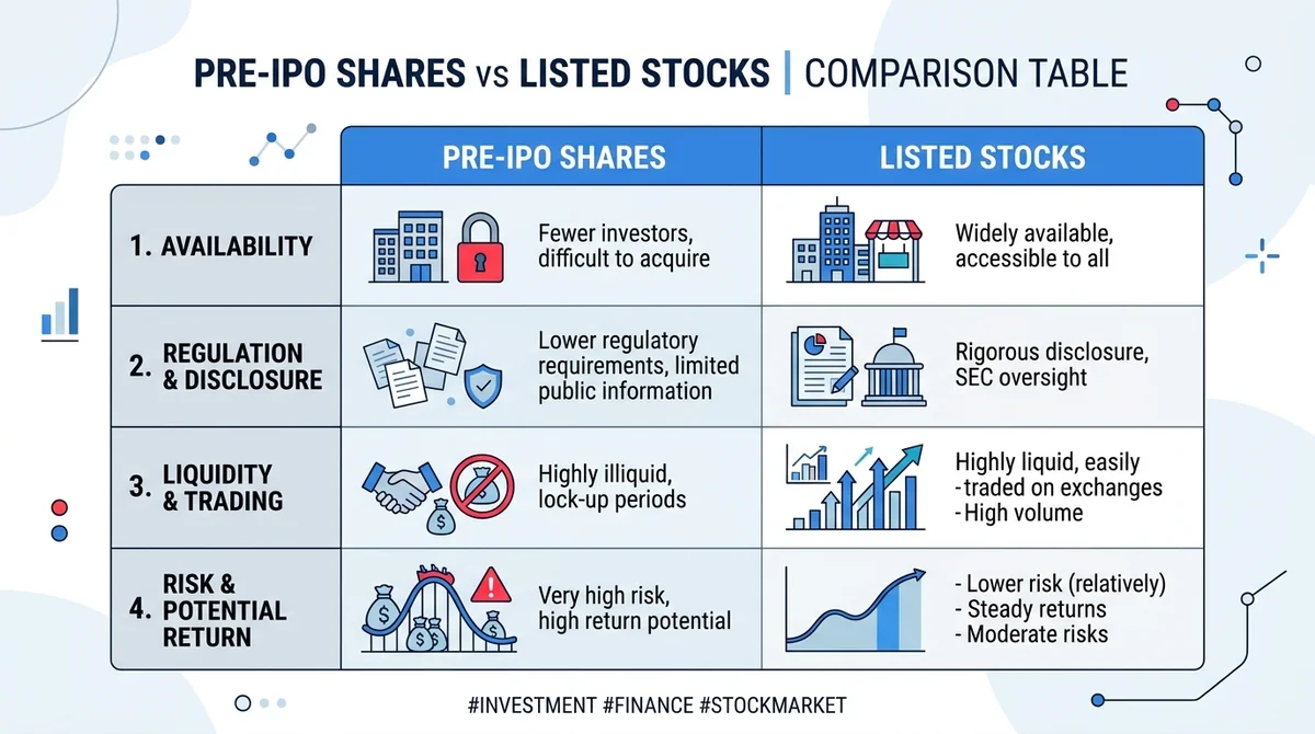 Wide 16:9 horizontal comparison table infographic, two columns headed Pre-IPO Shares and Listed Stocks, four rows with short