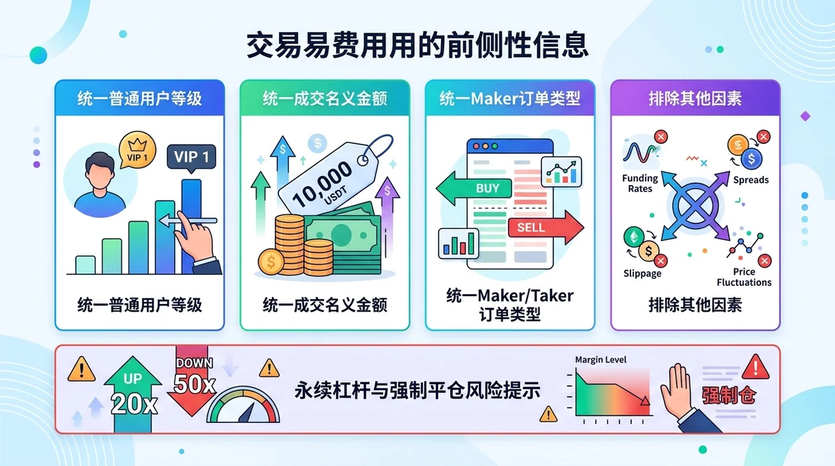 手续费比较前提信息图,用四个并列模块说明统一普通用户等级、统一成交名义金额、统一Maker/Taker订单类型,以及排除资金费率、点差、滑点和价格变化;底部增加永续杠杆与强制平仓风险提示。