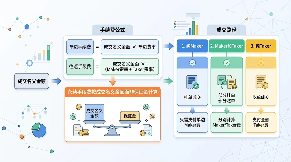 同本金手续费公式流程图,从成交名义金额开始,依次展示单边手续费公式、往返手续费公式,以及纯Maker、Maker加Taker、纯Taker三种成交路径;强调永续手续费按成交名义金额而非保证金计算。