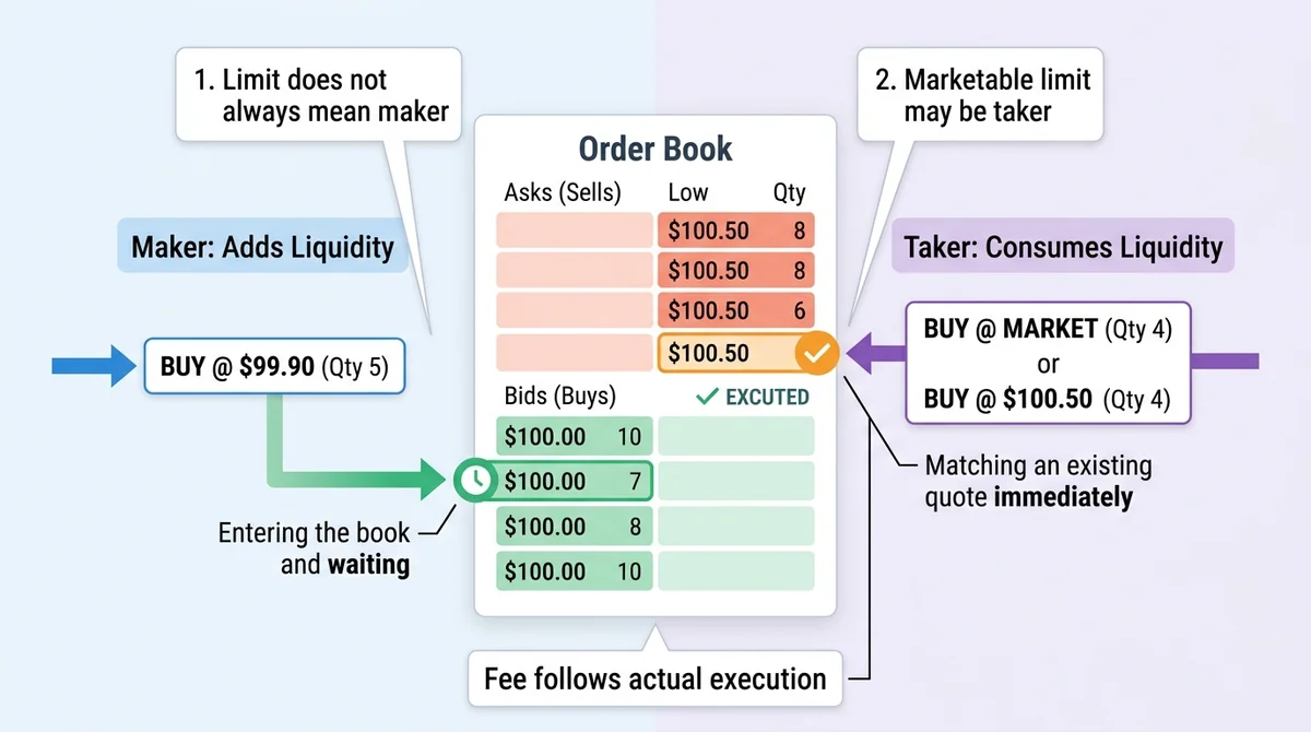 Wide 16:9 horizontal educational flow diagram with a simplified order book in the center, a left pathway labeled in English '