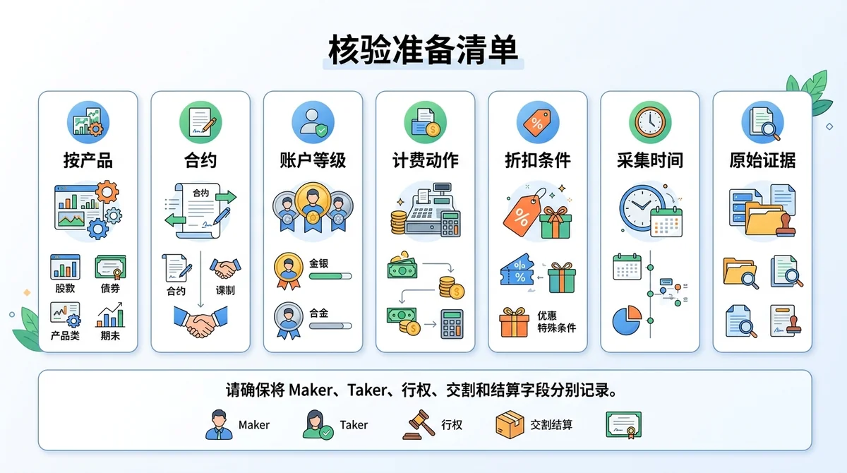 核验准备清单信息图:按产品、合约、账户等级、计费动作、折扣条件、采集时间和原始证据七项展示核验前必须固定的数据口径,并提醒将Maker、Taker、行权、交割和结算字段分别记录。