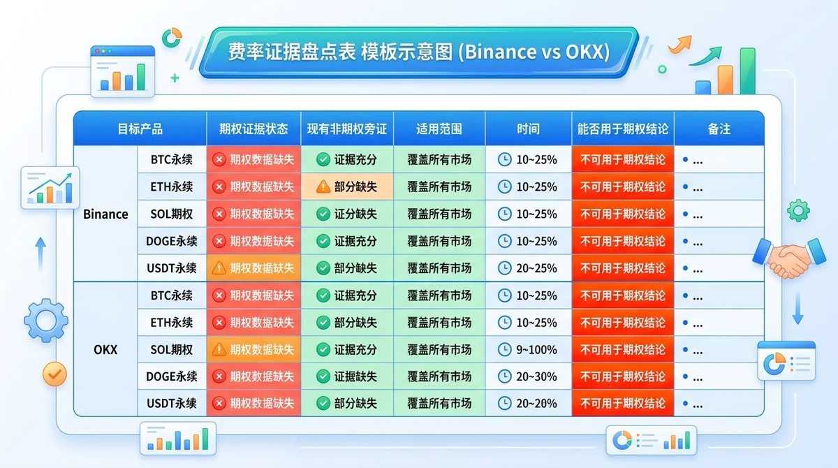 费率证据盘点表的横向表格模板示意图:分别记录Binance与OKX的目标产品、期权证据状态、现有非期权旁证、适用范围、时间和能否用于期权结论,并高亮“期权数据缺失”和“不可用于期权结论”。