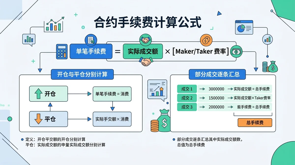 合约手续费计算公式信息图,展示“单笔手续费=实际成交额×Maker或Taker费率”,并说明开仓与平仓需要分别计算、部分成交需要逐条汇总。