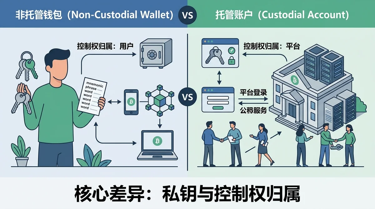 非托管钱包与托管账户控制权对比信息图:左侧展示用户自行保管私钥和助记词,右侧展示由平台管理私钥的托管账户,突出判断标准是控制权归属而非应用或设备外形。