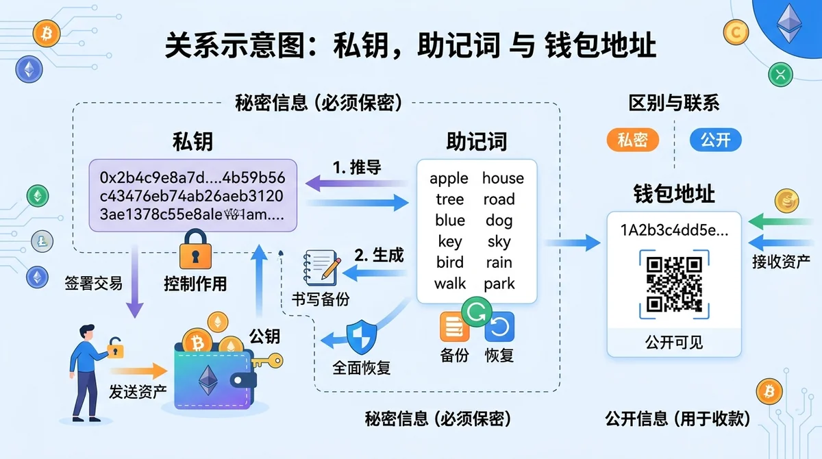 私钥、助记词与钱包地址关系示意图:分别展示私钥的控制作用、助记词的备份与恢复意义,以及钱包地址与秘密信息的区别,避免将三者混为一谈。