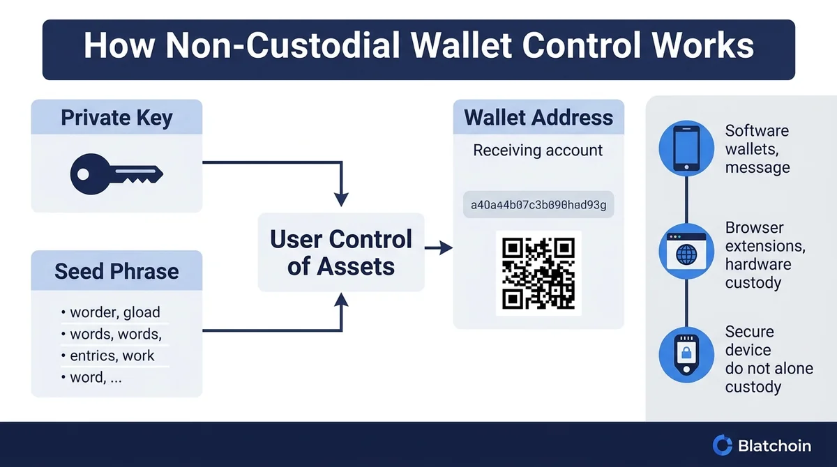 Wide 16:9 horizontal educational infographic, main flow centered and fully visible: "Private Key" and "Seed Phrase" lead to "