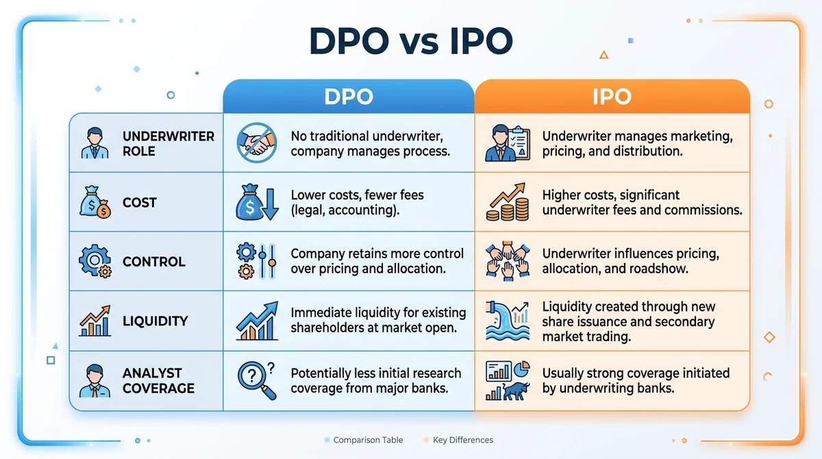 Wide 16:9 horizontal infographic, comparison table with two columns labeled 'DPO' and 'IPO' and rows for 'Underwriter role',