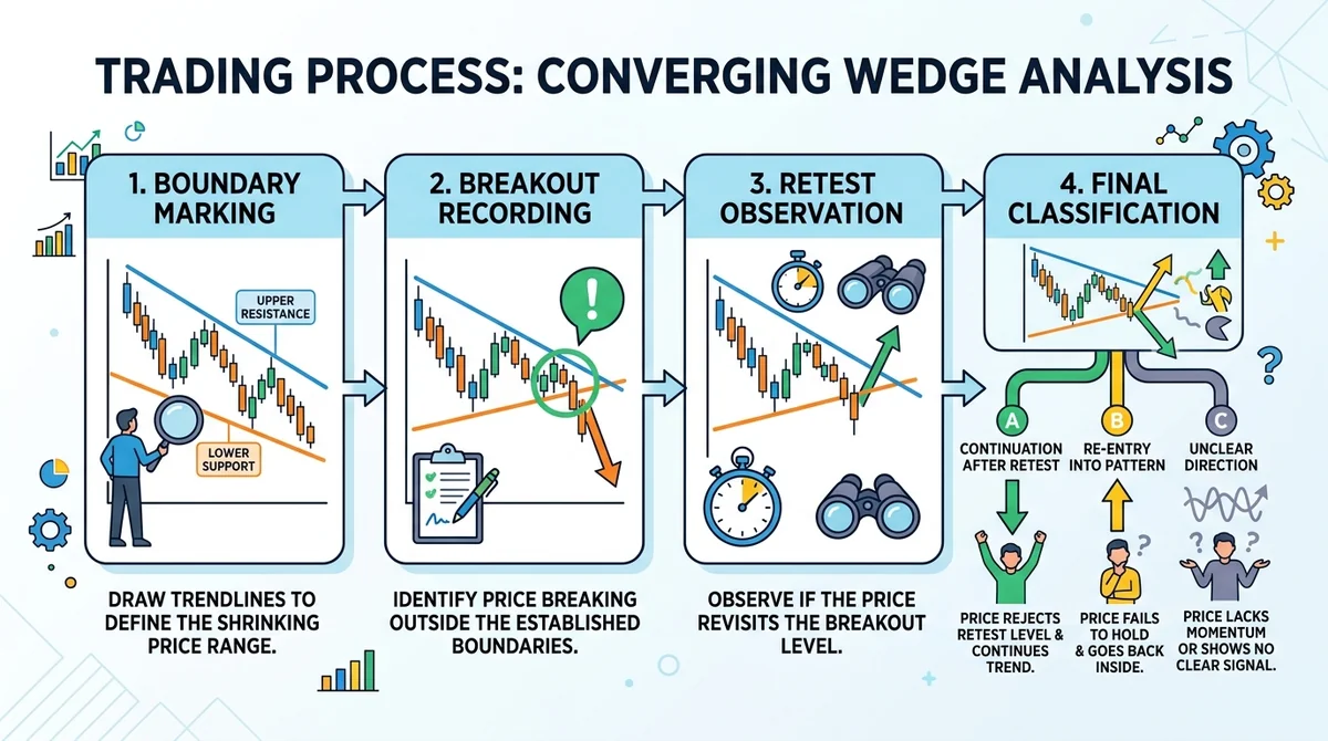 Wide 16:9 horizontal process infographic with four connected stages across the frame, depict a converging wedge chart and use