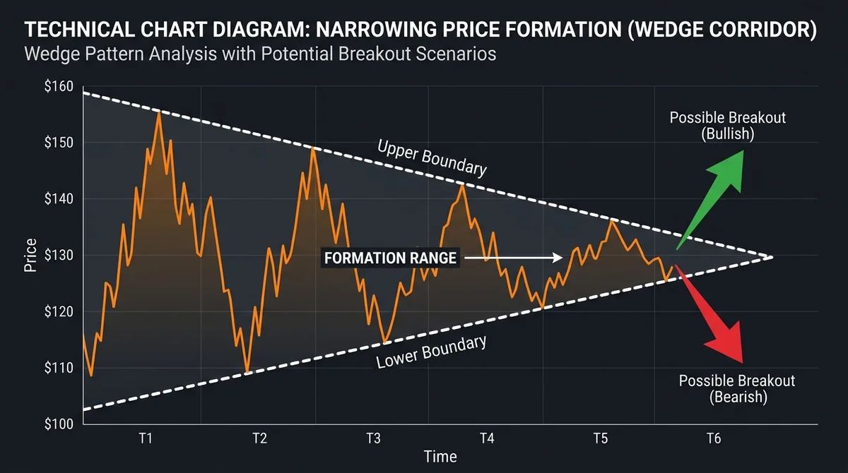Wide 16:9 horizontal annotated technical chart diagram, show price fluctuations narrowing inside a clearly outlined wedge cor