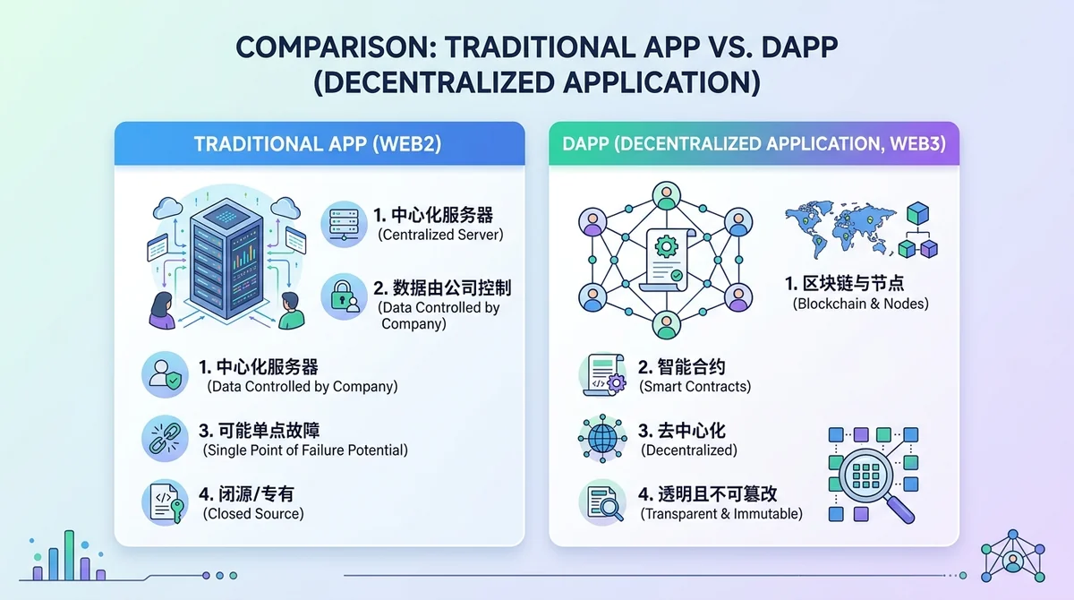 DApp与普通App的对比图表:双栏布局,左侧传统App(中心化服务器、数据由公司控制、可能单点故障),右侧DApp(区块链、智能合约、去中心化、透明),用图标和文字说明差异