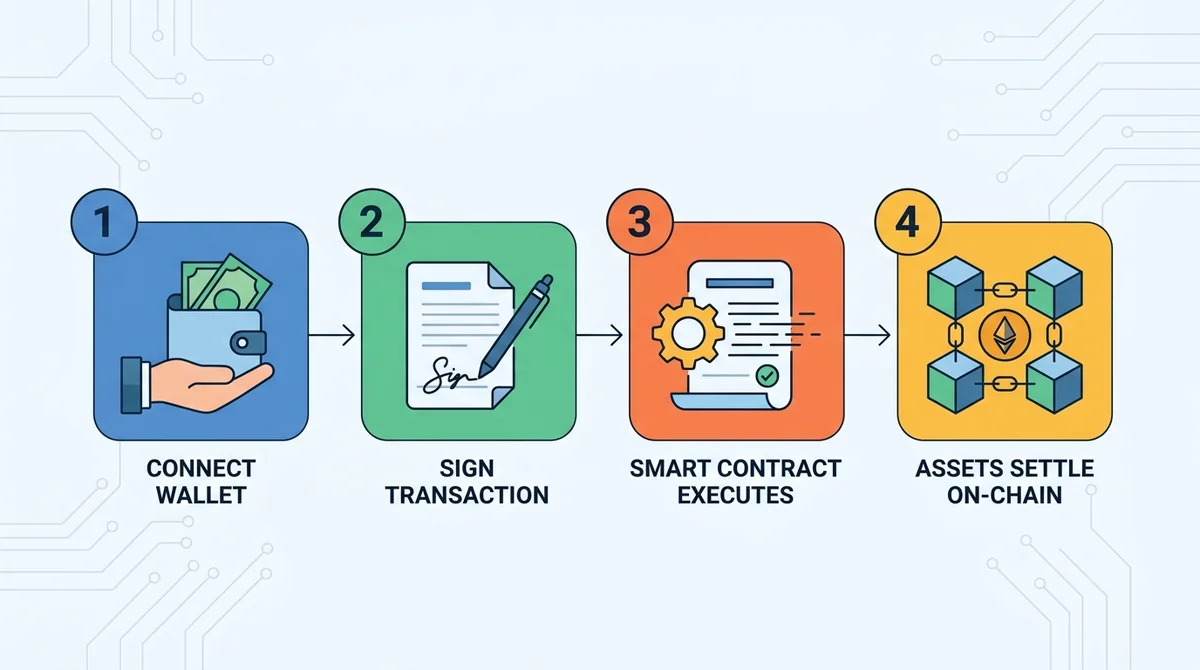 Wide 16:9 horizontal infographic, flat design, four numbered steps arranged left to right with arrows connecting them, each s