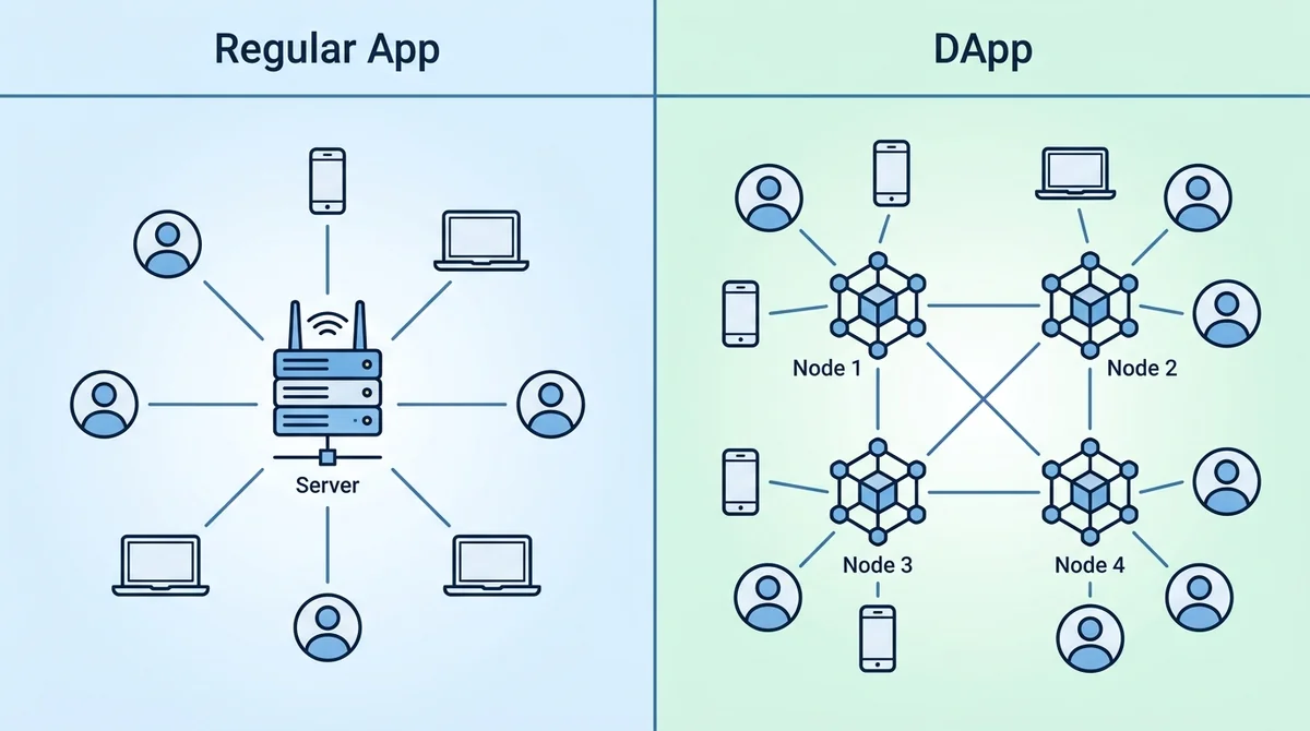 Wide 16:9 horizontal flat illustration, two panels side by side, left panel labeled 'Regular App' shows one central server wi
