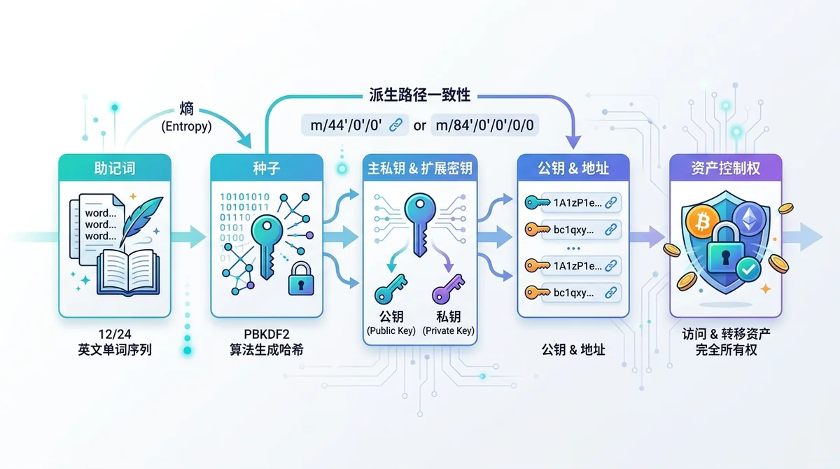 助记词恢复资产原理流程图:助记词→种子→私钥→地址→资产控制权,标注派生路径一致性