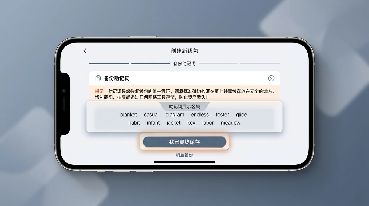 手机钱包应用创建新钱包界面截图，高亮显示备份助记词按钮和助记词展示区域，提示用户离线保存
