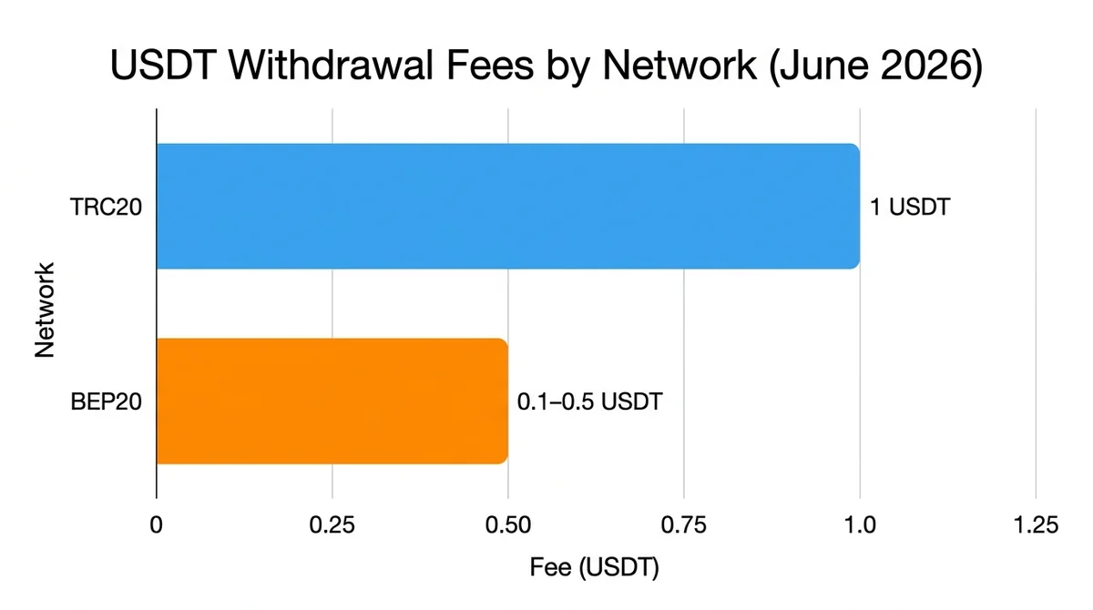 Wide 16:9 horizontal bar chart, two bars comparing USDT withdrawal fees: TRC20 bar at 1 USDT and BEP20 bar at 0.1-0.5 USDT, b