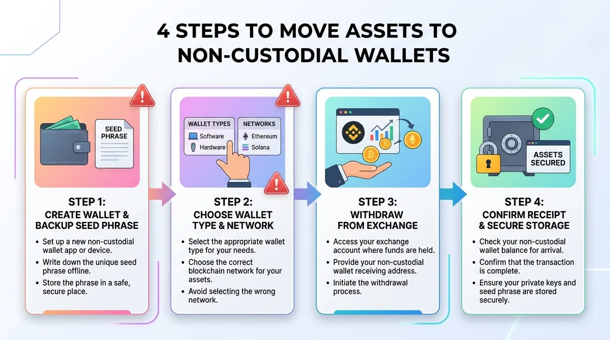 Wide 16:9 horizontal infographic, four numbered step cards connected by arrows from left to right, Step 1: Create wallet & ba
