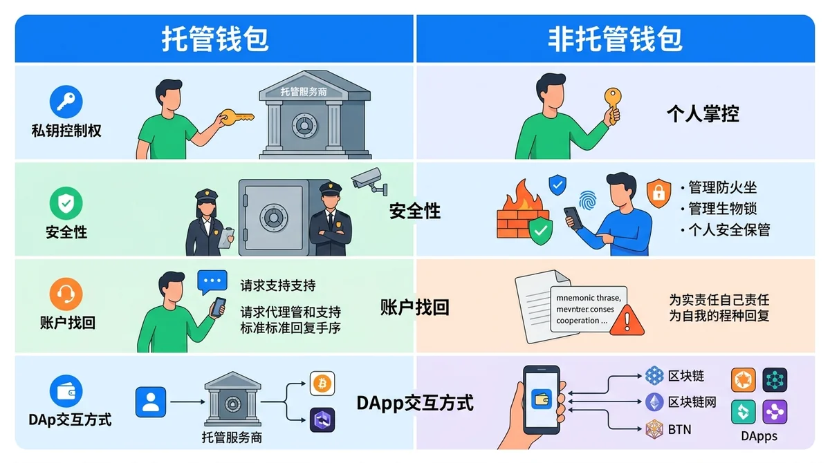 托管钱包与非托管钱包核心区别对比表,包含私钥控制权、安全性、账户找回、DApp交互方式等维度。