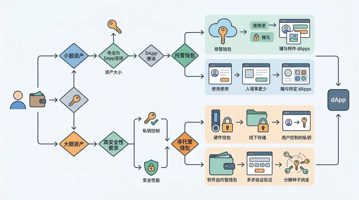 根据资产规模和安全需求选择托管或非托管钱包的决策流程图,用于指导DApp连接场景。