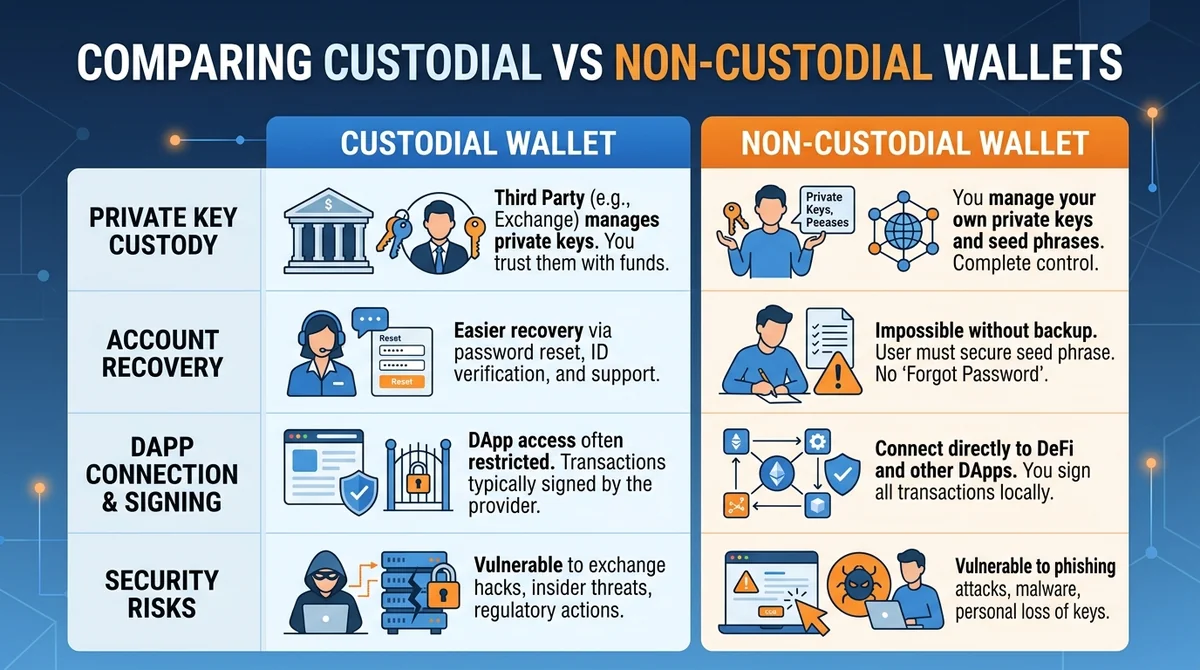Wide 16:9 horizontal infographic, two clear columns labeled 'Custodial Wallet' and 'Non-Custodial Wallet', rows comparing pri