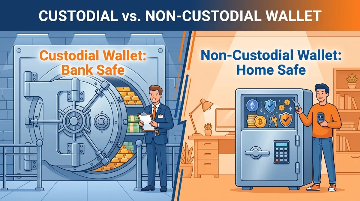 Wide 16:9 horizontal flat illustration, left side shows a bank vault door labeled 'Custodial Wallet: Bank Safe', right side s
