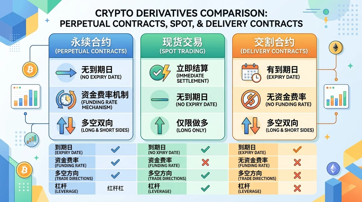 永续合约与现货、交割合约的关键特性对比图表,突出有无到期日、资金费率、多空双向等差异。