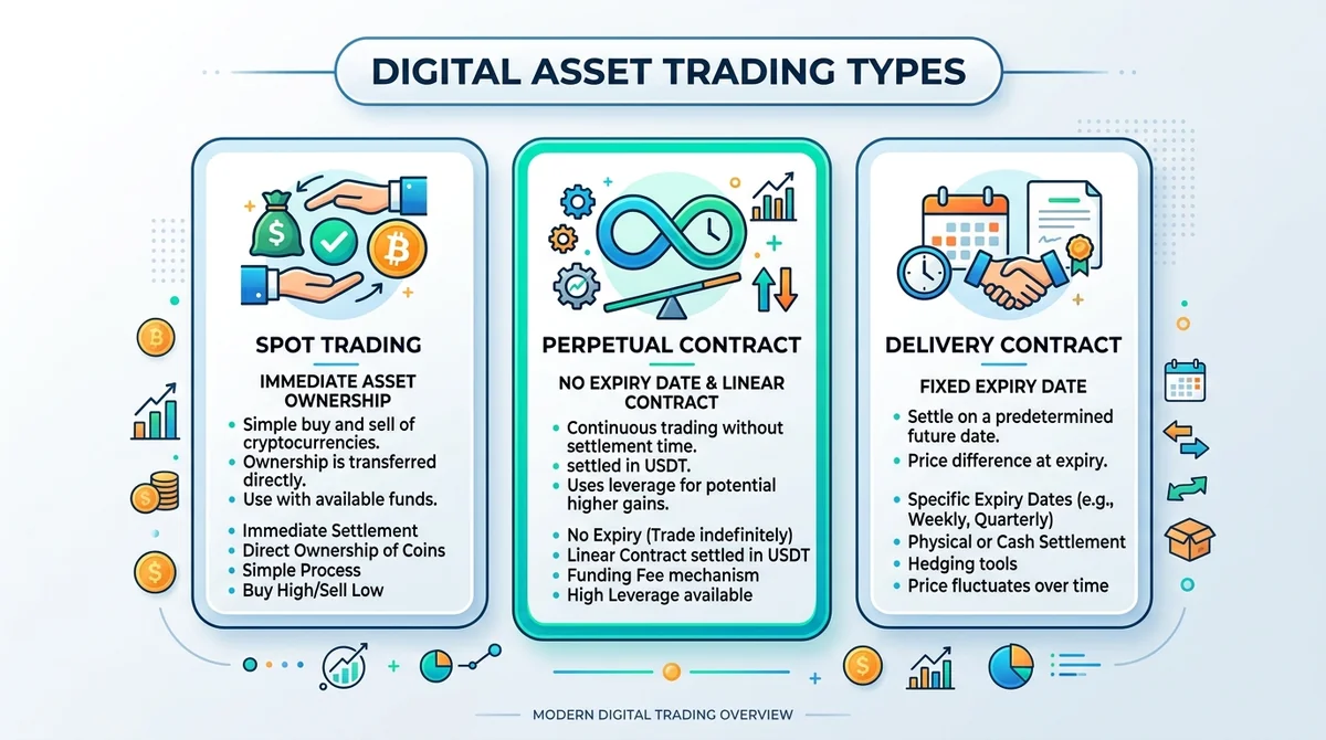 Wide 16:9 horizontal infographic with three columns: Spot Trading, Perpetual Contract, Delivery Contract, each with a simple