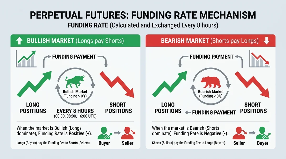 Wide 16:9 horizontal diagram, two panels: Bullish Market (Longs pay Shorts) and Bearish Market (Shorts pay Longs), arrows sho