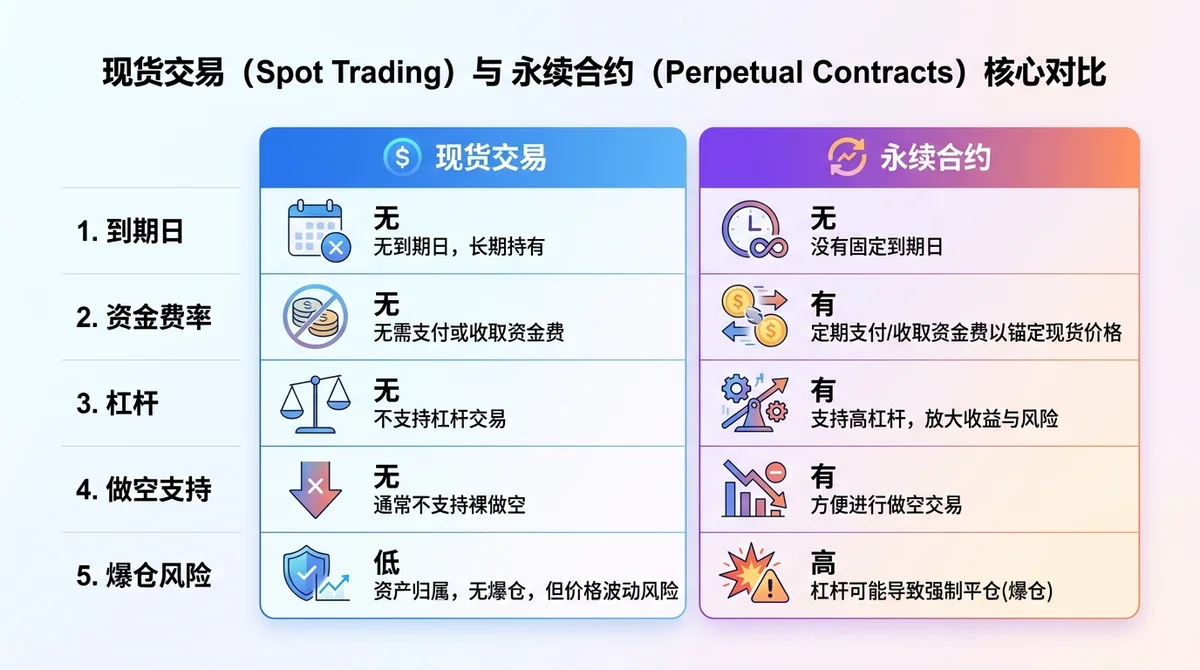 现货交易与永续合约在到期日、资金费率、杠杆、做空支持、爆仓风险等维度的对比图表