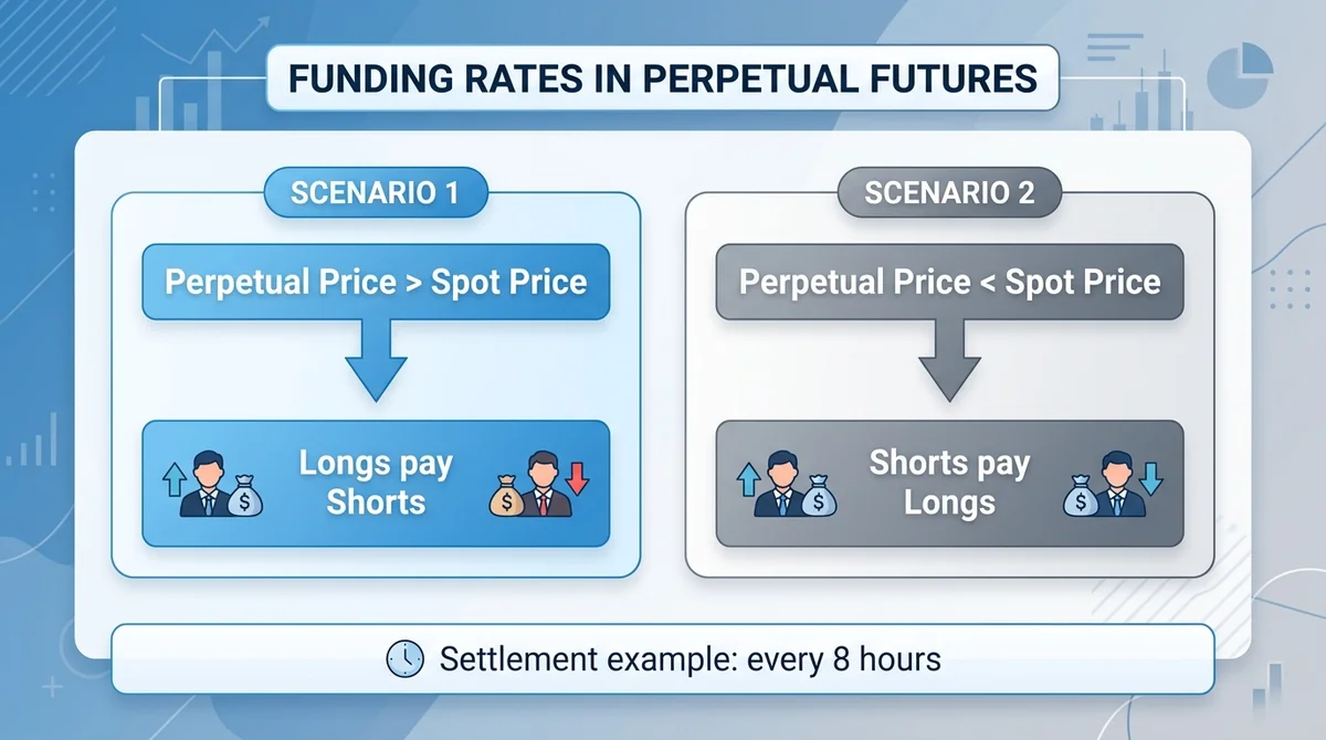 Wide 16:9 horizontal infographic, central diagram with two scenarios: left box 'Perpetual price > Spot price' arrow to 'Longs