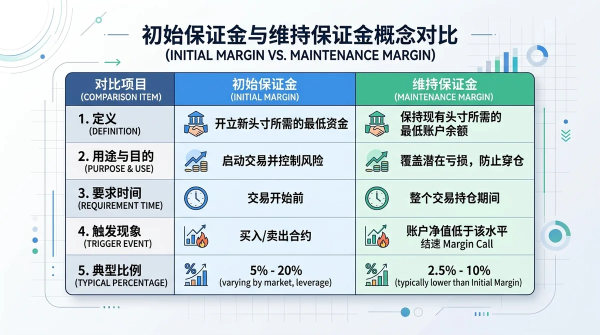 初始保证金与维持保证金概念对比表格图,展示两者的定义、用途、要求和典型比例