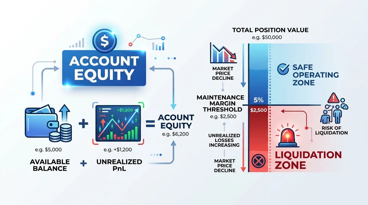 Wide 16:9 horizontal infographic, left diagram showing account equity = available balance + unrealized PnL, right diagram sho