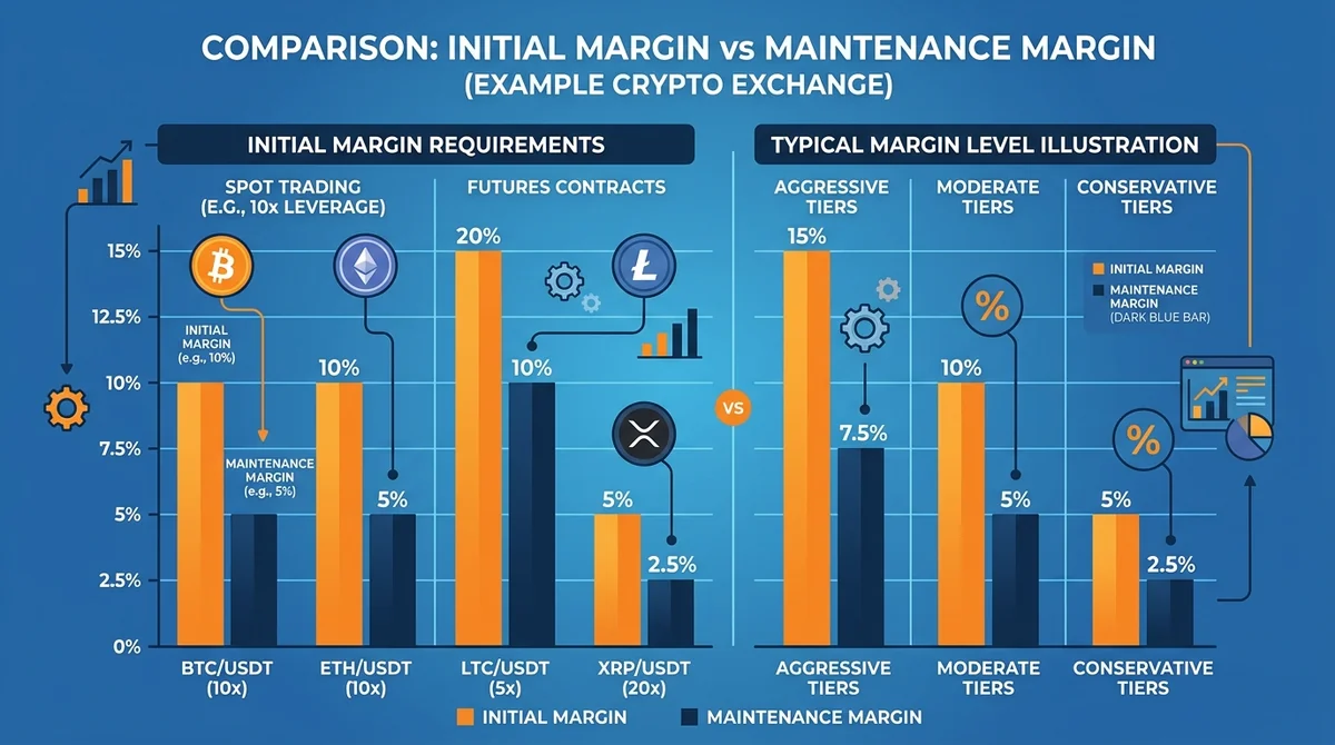 Wide 16:9 horizontal comparison chart, two-column layout or grouped bar chart comparing initial margin vs maintenance margin,