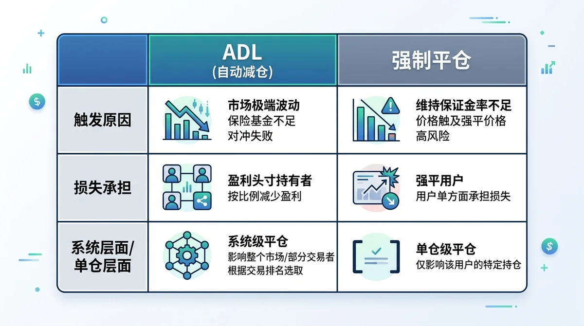 ADL 与强制平仓的对比表格:列分别为 ADL 和强制平仓,行包括触发原因、损失承担、系统层面/单仓层面