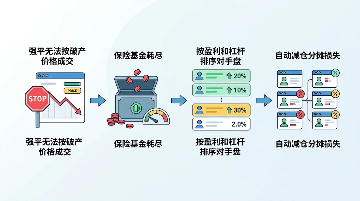 ADL 触发流程信息图:从强平无法按破产价格成交 → 保险基金耗尽 → 按盈利和杠杆排序对手盘 → 自动减仓分摊损失