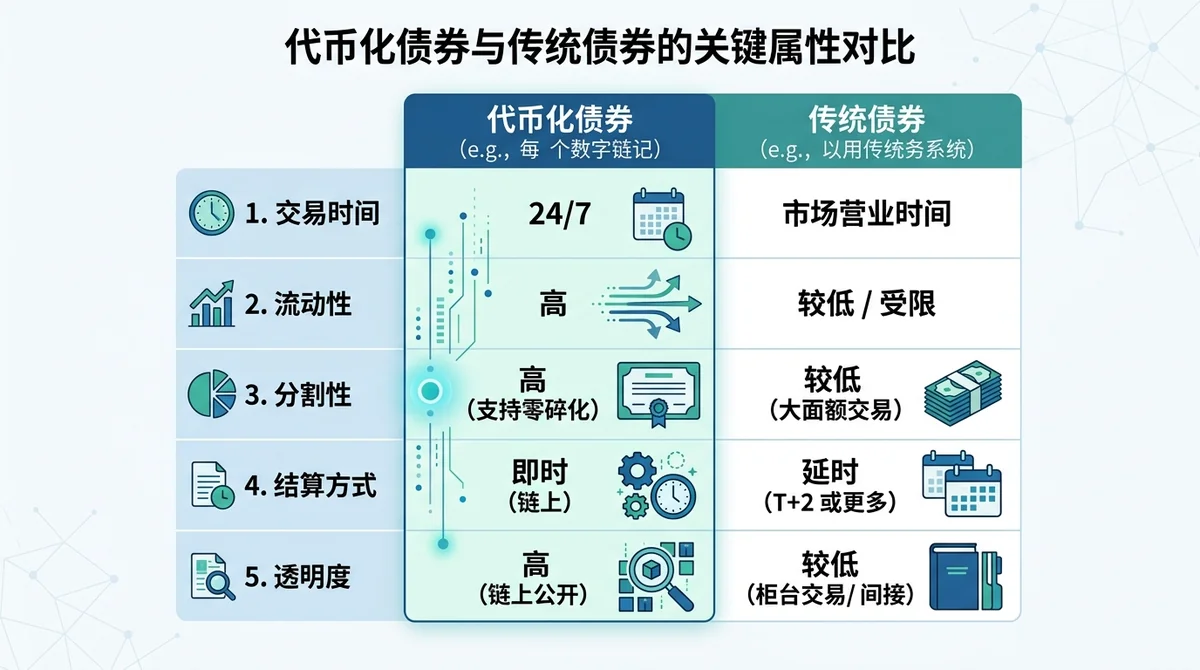 代币化债券与传统债券的关键属性对比表或柱状图,包括交易时间、流动性、分割性、结算方式、透明度等维度