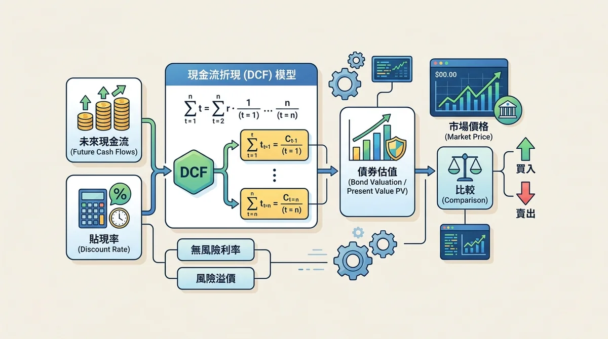 代币化债券定价逻辑流程图:展示现金流折现模型,包括未来现金流、贴现率、市场价格等元素