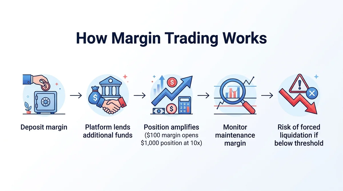 Wide 16:9 horizontal infographic with five-step flow diagram. Bold English title: 'How Margin Trading Works'. Steps with simp