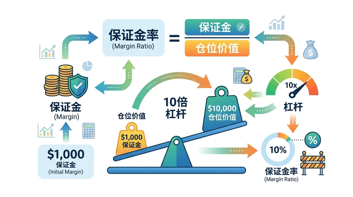 保证金、杠杆、保证金率三者关系示意图,展示公式:保证金率等于保证金除以仓位价值,以及杠杆倍数的放大效果
