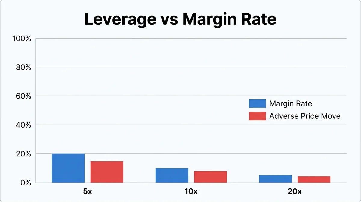 Wide 16:9 horizontal bar chart, X-axis shows leverage multiples 5x, 10x, 20x, Y-axis shows percentage, grouped bars for margi