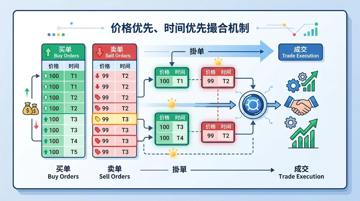 价格优先、时间优先撮合机制示意图，展示买卖盘挂单如何按规则成交