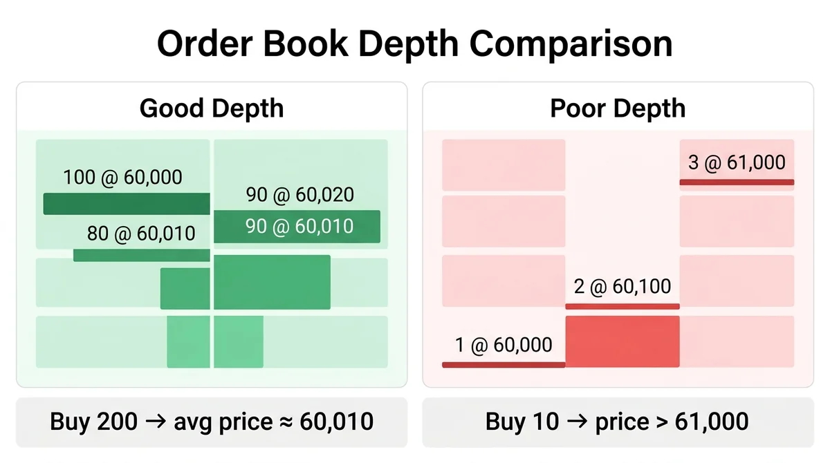 Wide 16:9 horizontal comparison chart, two panels labeled 'Good Depth' and 'Poor Depth', each showing order book levels with