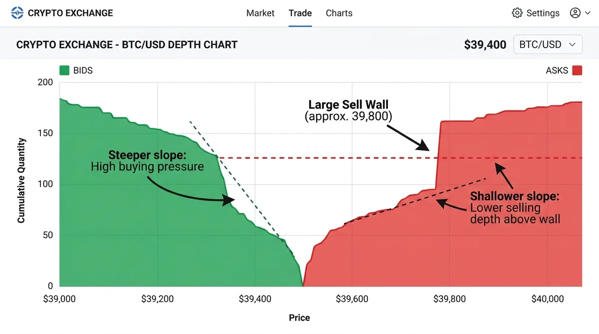 Wide 16:9 horizontal annotated screenshot mockup of a crypto exchange depth chart, green area on left for buy orders, red are